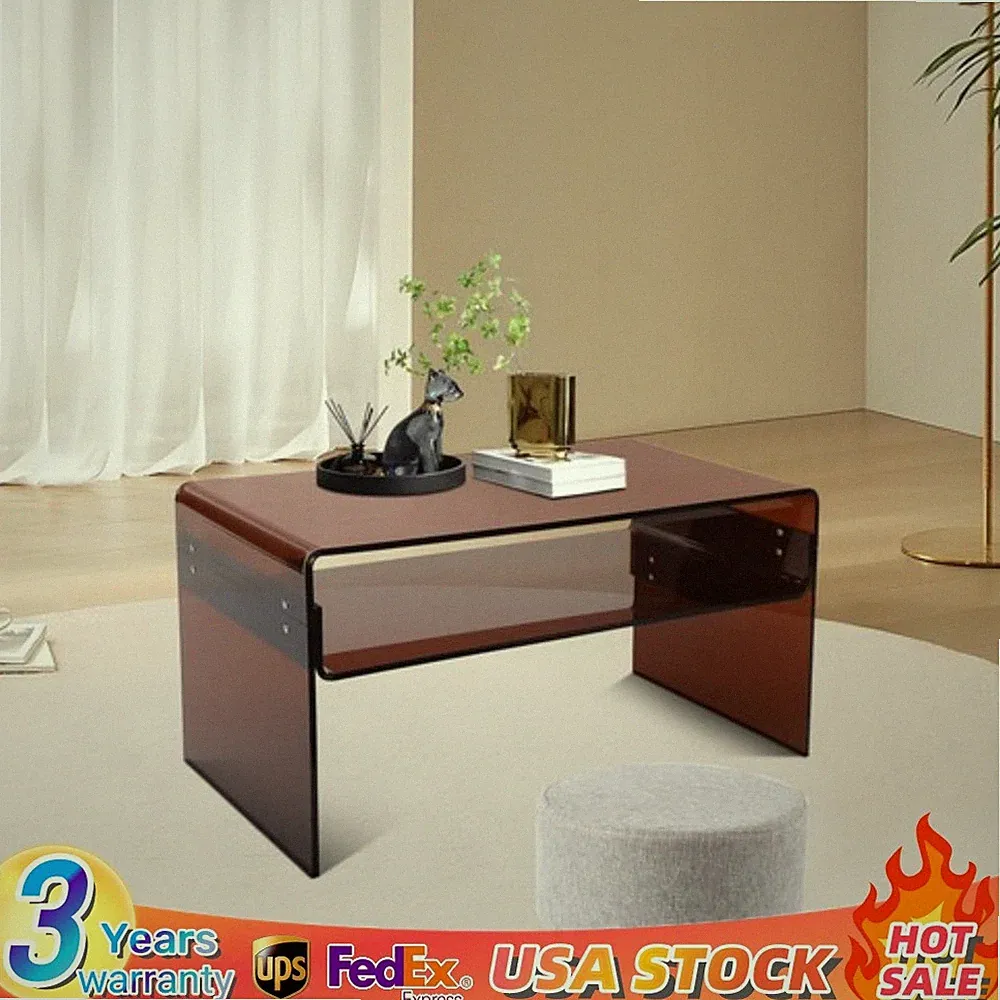 2 Tiers Modern Brown Acrylic Side Table Rectangular Coffee End Table 80*40*40cm