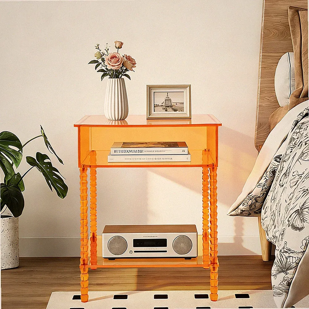 3 Tiers Acrylic Side Table, Orange End Table W/ Storage, Nightstand For Bedroom