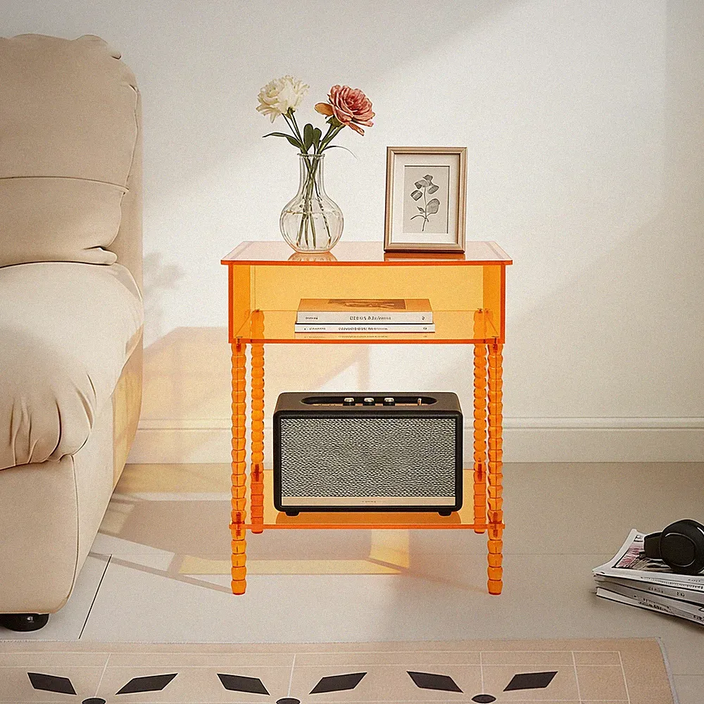 3 Tiers Acrylic Side Table, Orange End Table With Storage, Nightstand For Home