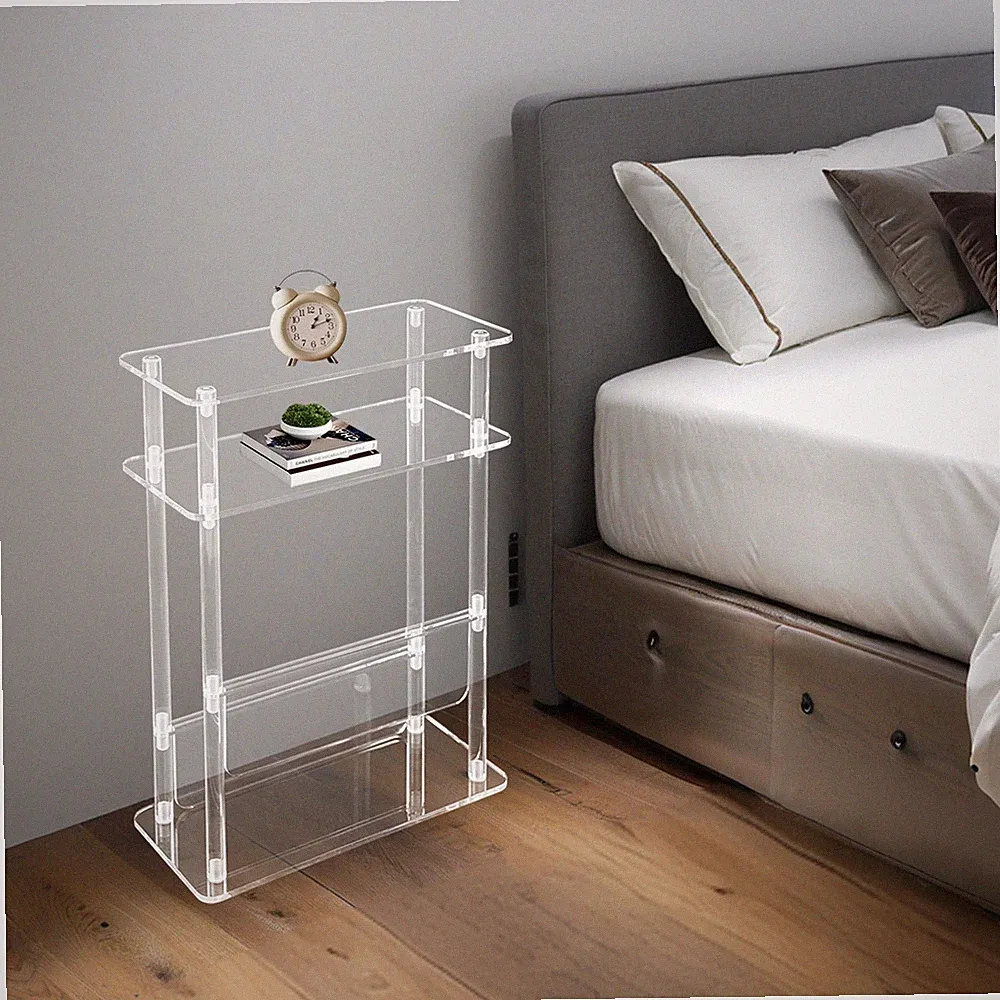 Acrylic Narrow End Table for Small Spaces with Magazine Holder, Slim Side Small