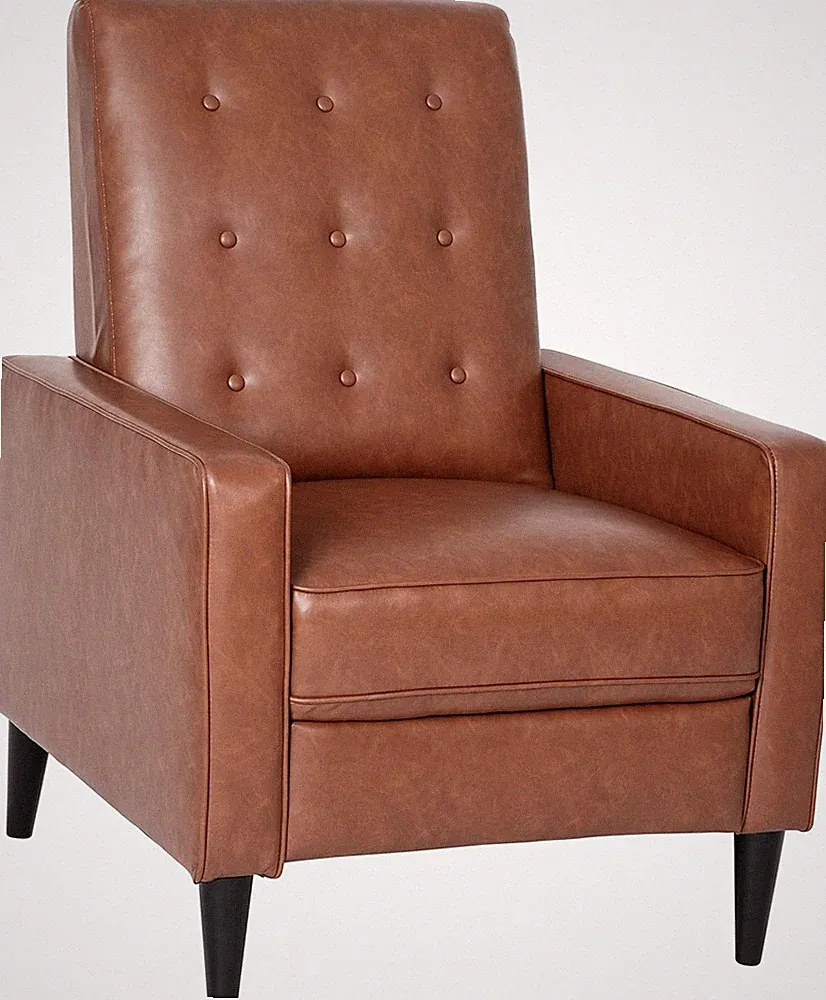 Cognac Faux Leather Mid-Century Tufted Pushback Recliner Chair