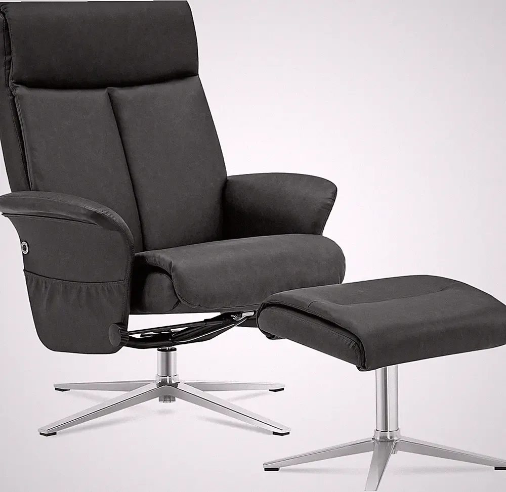 Dark Grey Faux Leather Modern Swivel Recliner & Ottoman Lounge Chair
