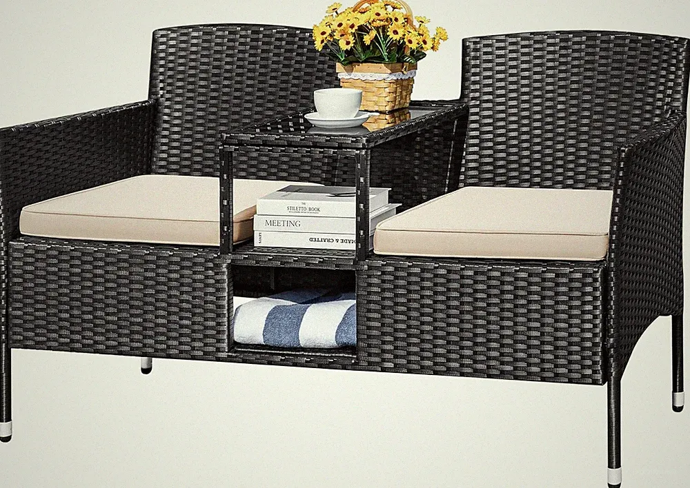 Devoko Outdoor Patio Loveseat Modern Rattan 2-Seat Patio Conversation Set with C