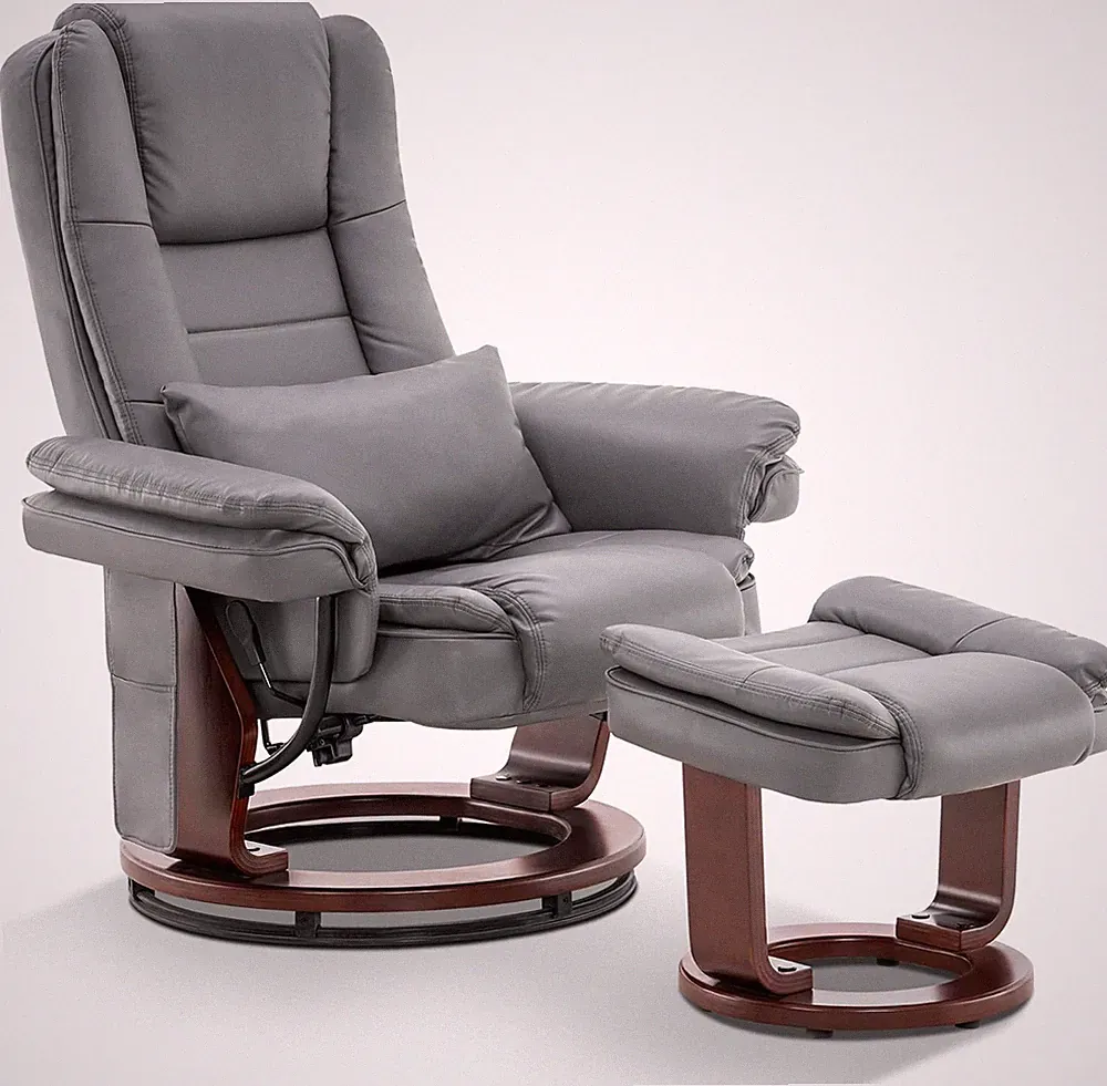 Grey Faux Leather Swivel Recliner Chair with Ottoman & Vibration Massage