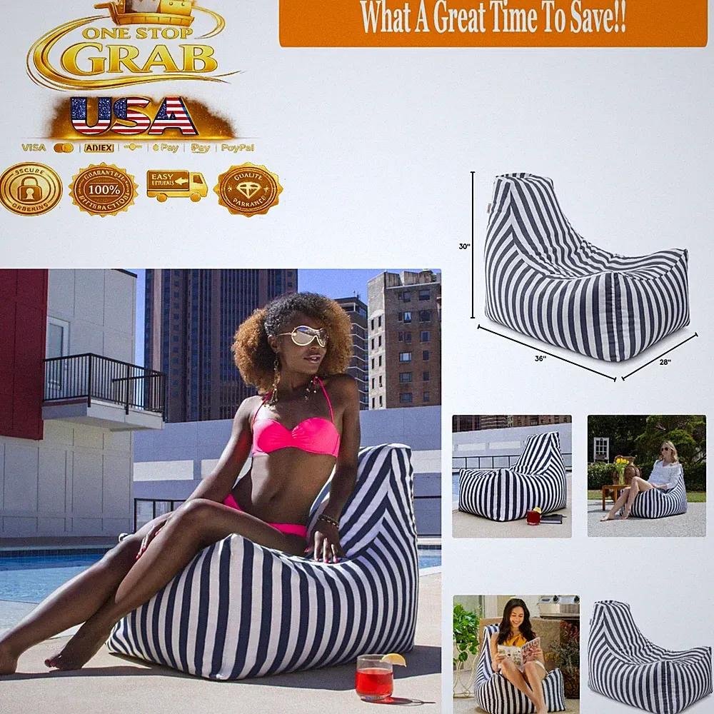 Juniper Outdoor Bean Bag Chair Navy Striped Patio Lounge Ergonomic