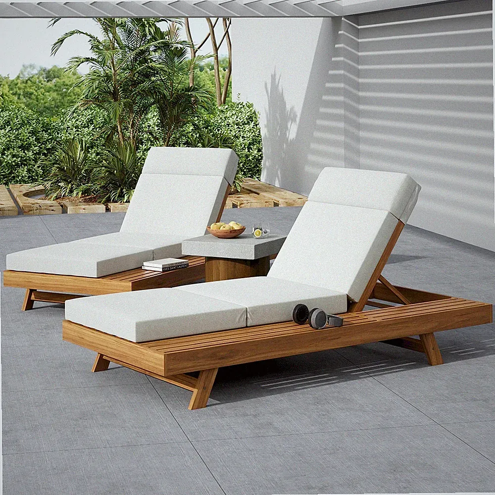 LOUNGE CHAISE SET WITH HEADREST,ACACIA WOOD WITH WATER-RESISTANT LOUNGE CUSHIONS