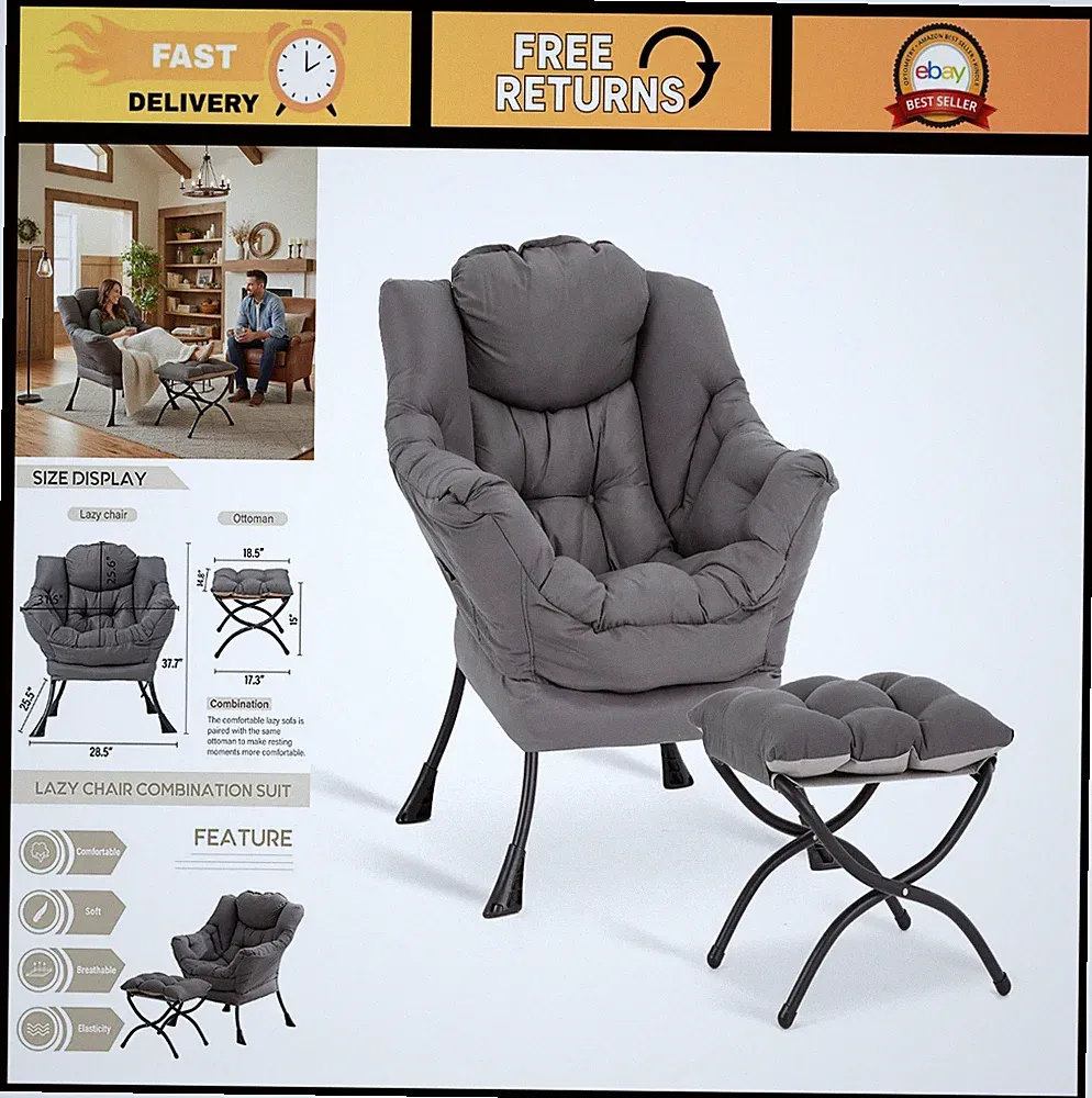 Modern Lazy Chair with Ottoman, Upholstered Lounge Armchair, Side Pocket, Dark G