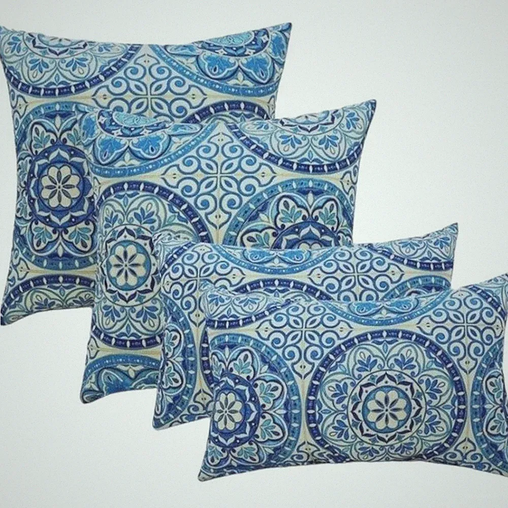RSH Set Of 4 Blue Multi Indoor Outdoor Weather Resistant Cushioned Throw Pillow